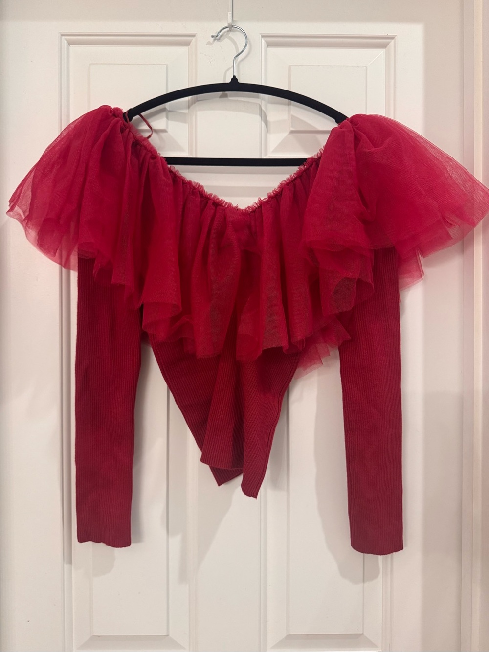 Endless Rose Red Off-Shoulder Ruffled Mesh Women’s Top - Picture 1 of 3